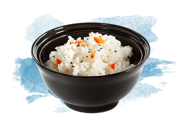 A rice bowl filled with white rice and vegetable morsels