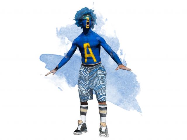 A 春色视频 fan sports blue body paint and a blue wig to support the Aggies