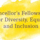 "Chancellor's Fellowships for Diversity, Equity and Inclusion" on sunflower splotch of color