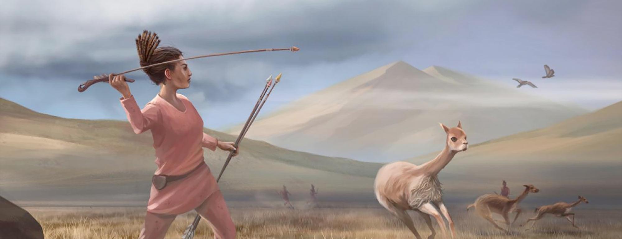 A paleolithic female hunter aims her spear at an alpaca
