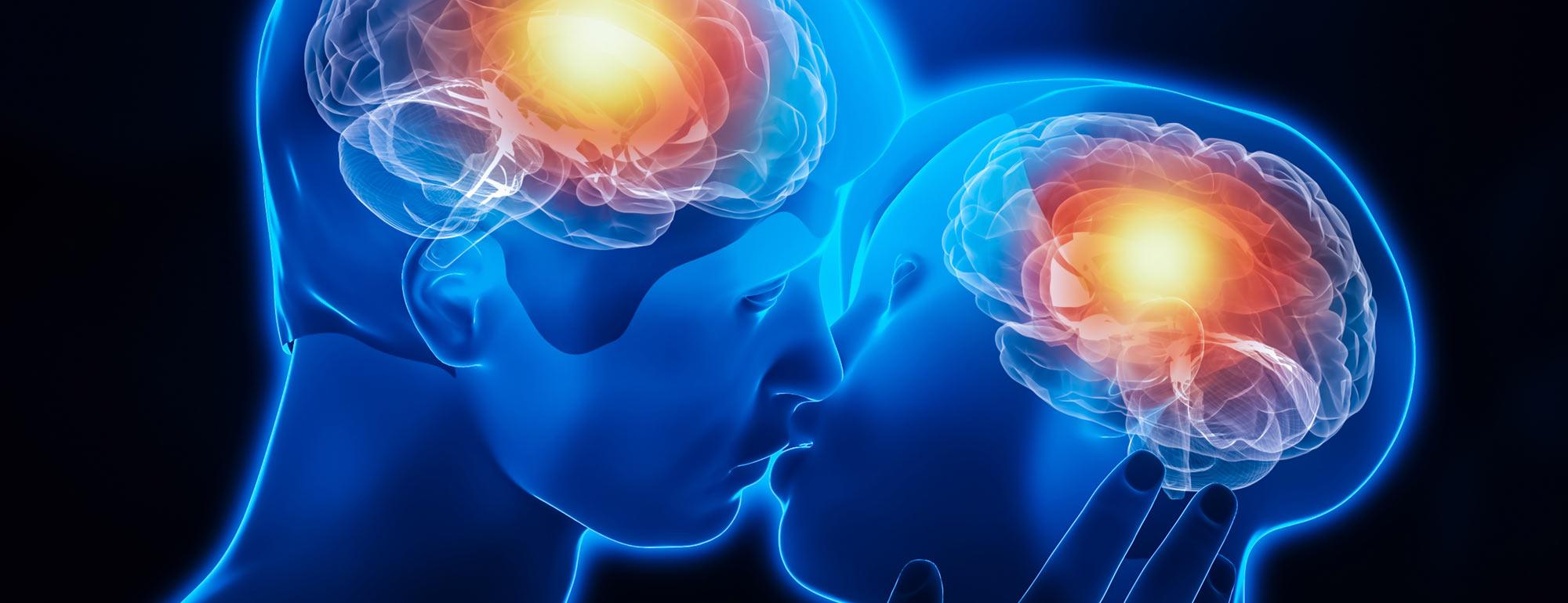 A computer rendering of two people kissing and their brains activating